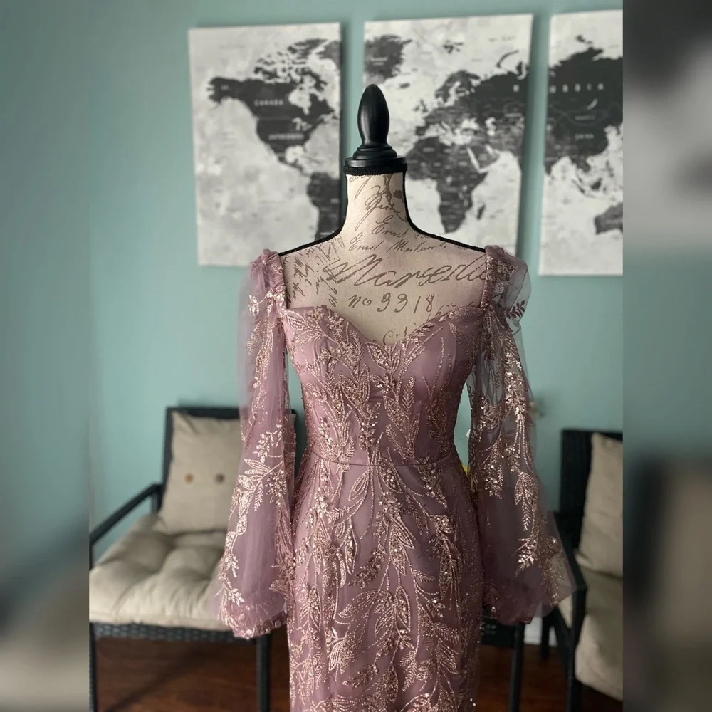 Light purple and gold sparkly prom dress or formal dress long sleeve